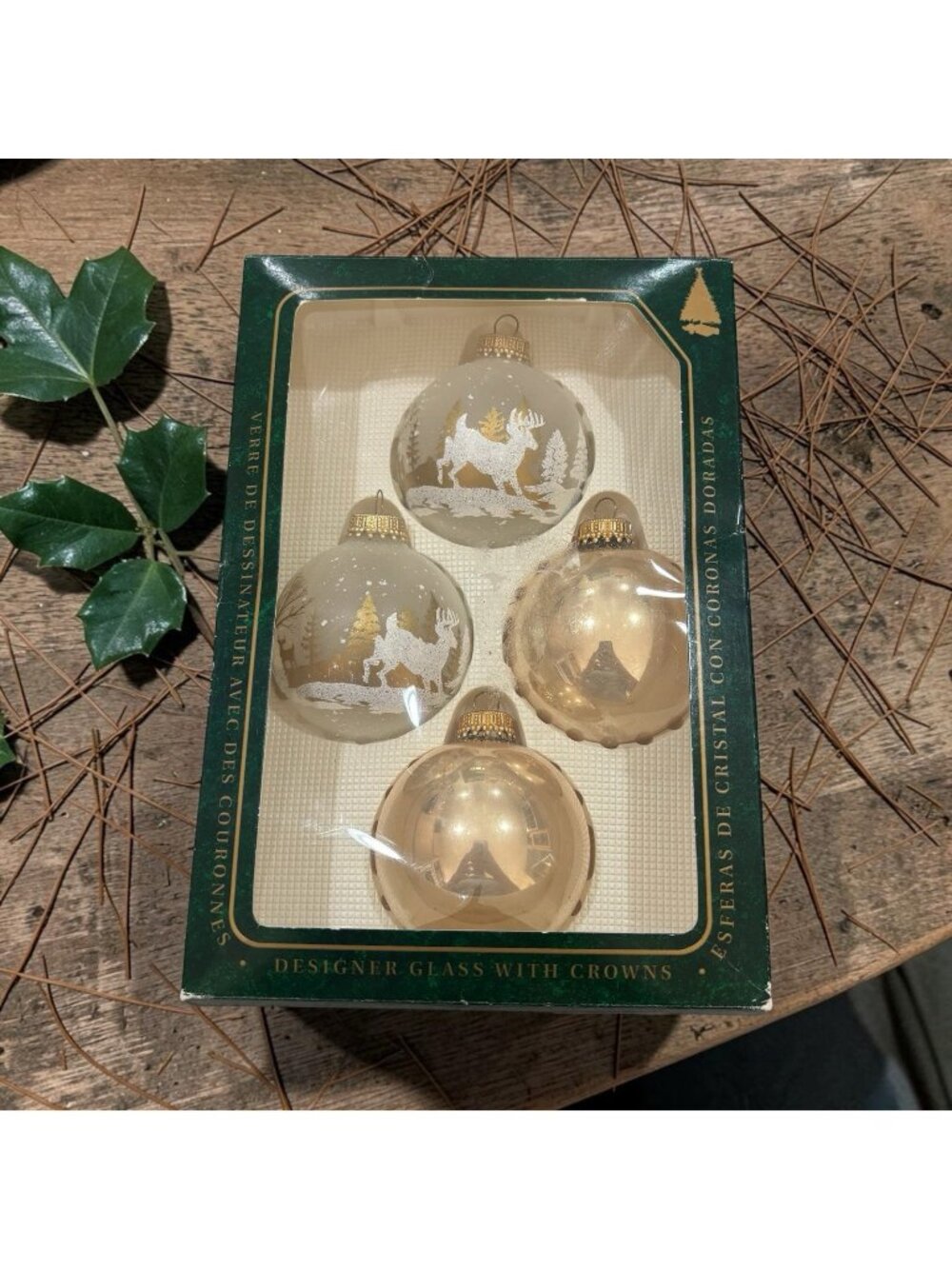 Vintage Christmas By Krebs Glass Ornaments Set (4) Winter Frost  Deer Scene Gold